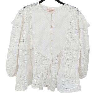 Wiggy Kit Top Womens XS White Eyelet Ruffle Button Up Cotton